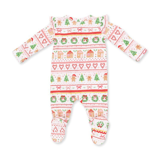 Gingerbread Fair Isle Pink, 2 Way Ruffle Sleeve Zipper Footie