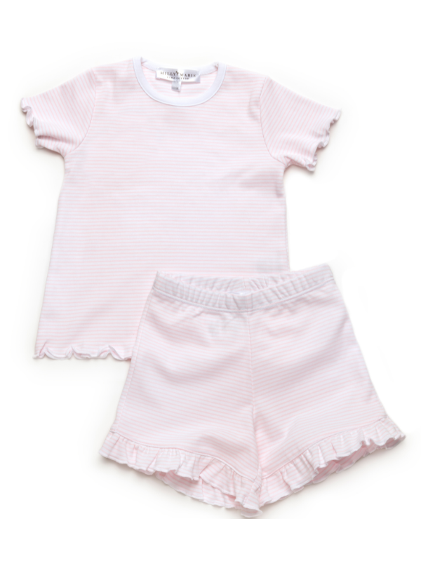 Short Sleeve Pima Mini-Stripe Ruffle Short Set