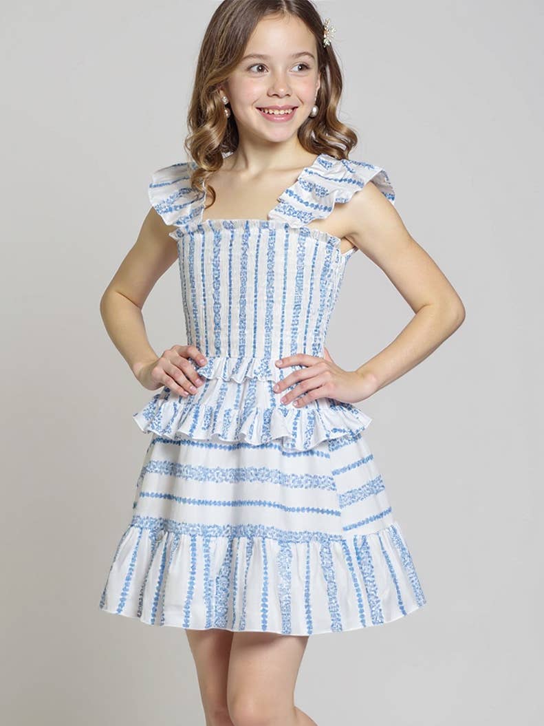 Smocked Blue Stripe Dress with Ruffles