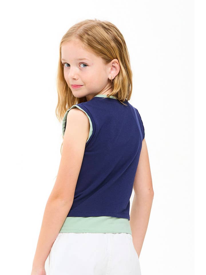 Color Blocked Sleeveless Layered Top, Navy