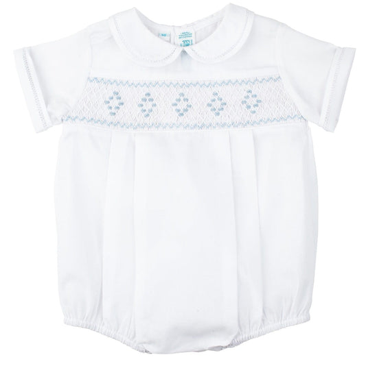 White/Blue Geometric Diamond Smocking Bubble