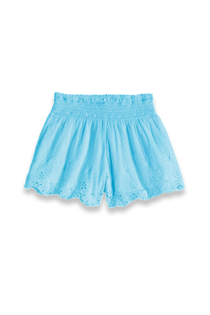 Smocked Shorts with Floral Eyelet, Light Blue