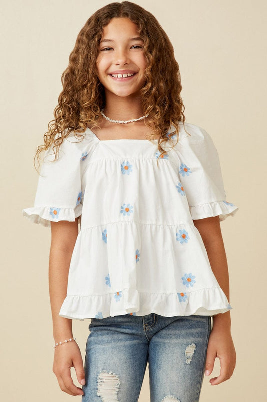 Embroidered Daisy Top, White