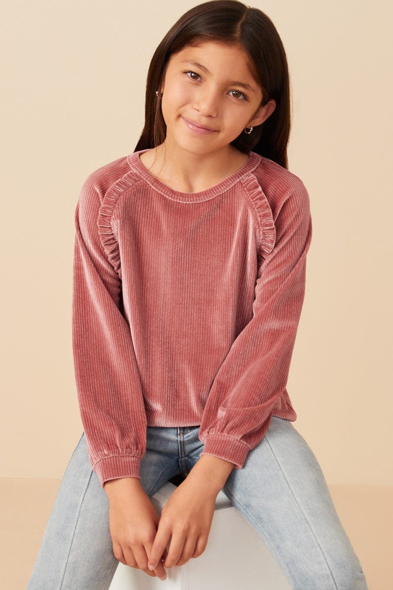 Ruffled Raglan Seam Ribbed Top