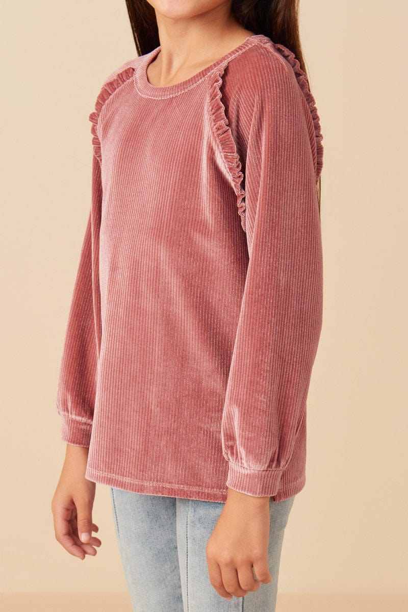 Ruffled Raglan Seam Ribbed Top