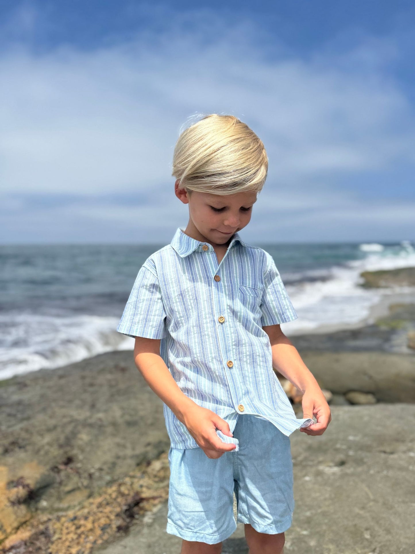 Newport Woven Shirt, Chambray/Mint Stripe