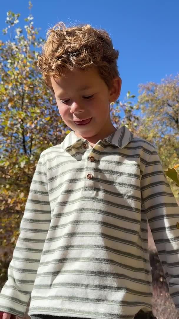 Spencer Knitted Polo, Sage/Cream Stripe