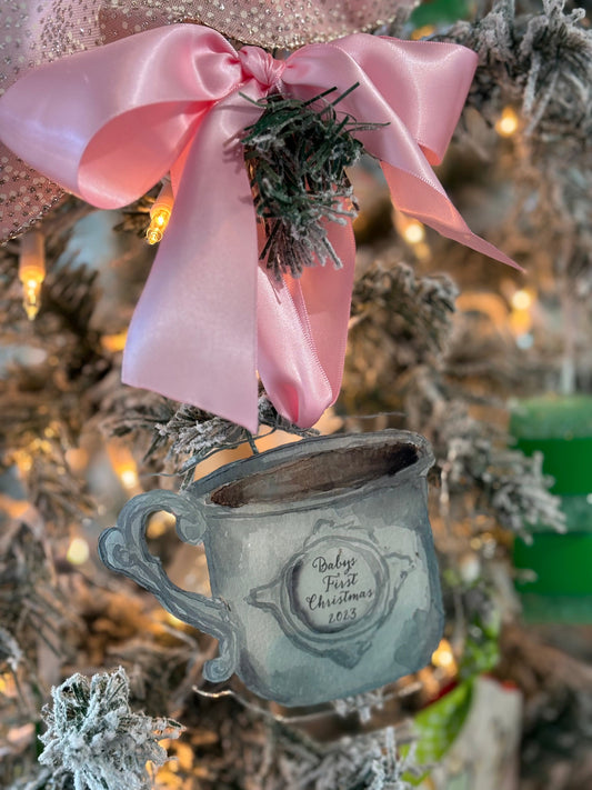 Baby Cup Ornament with Pink/Blue Ribbon