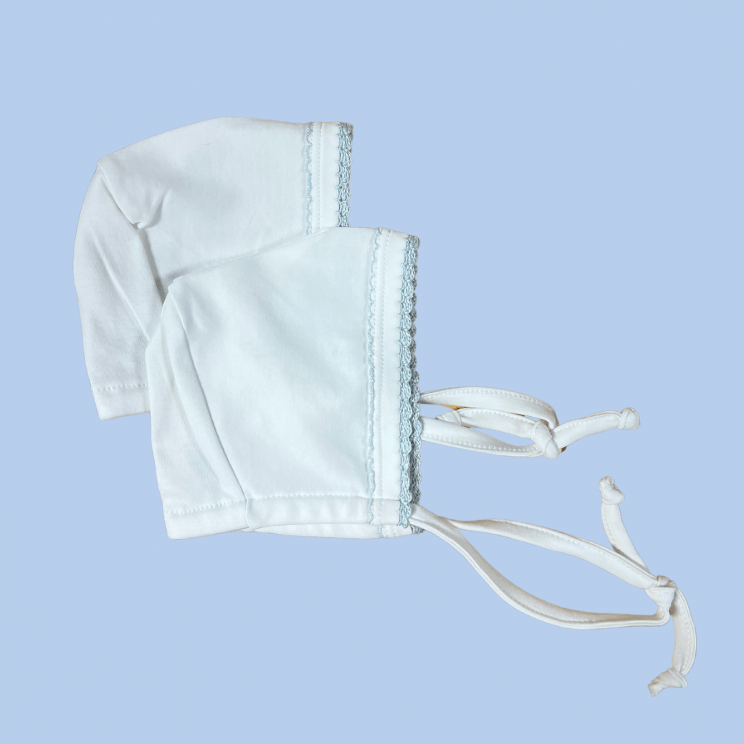 Baby Bonnet with Light Blue Crochet Trim