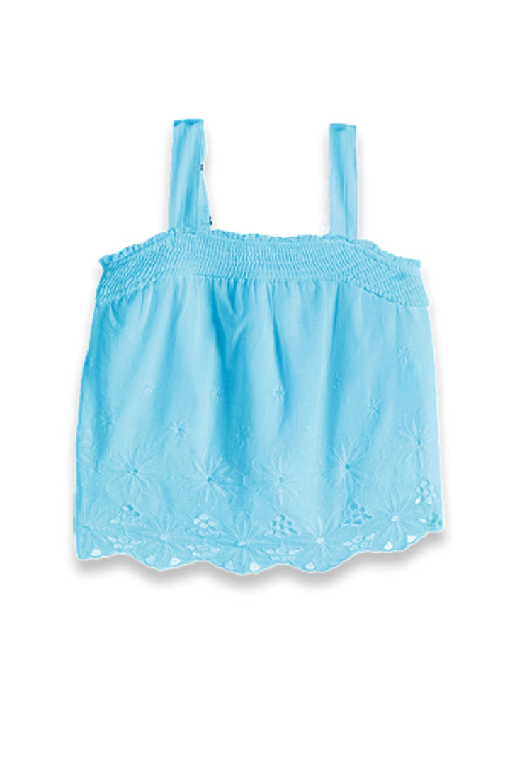 Smocked Tank with Floral Eyelet, Light Blue