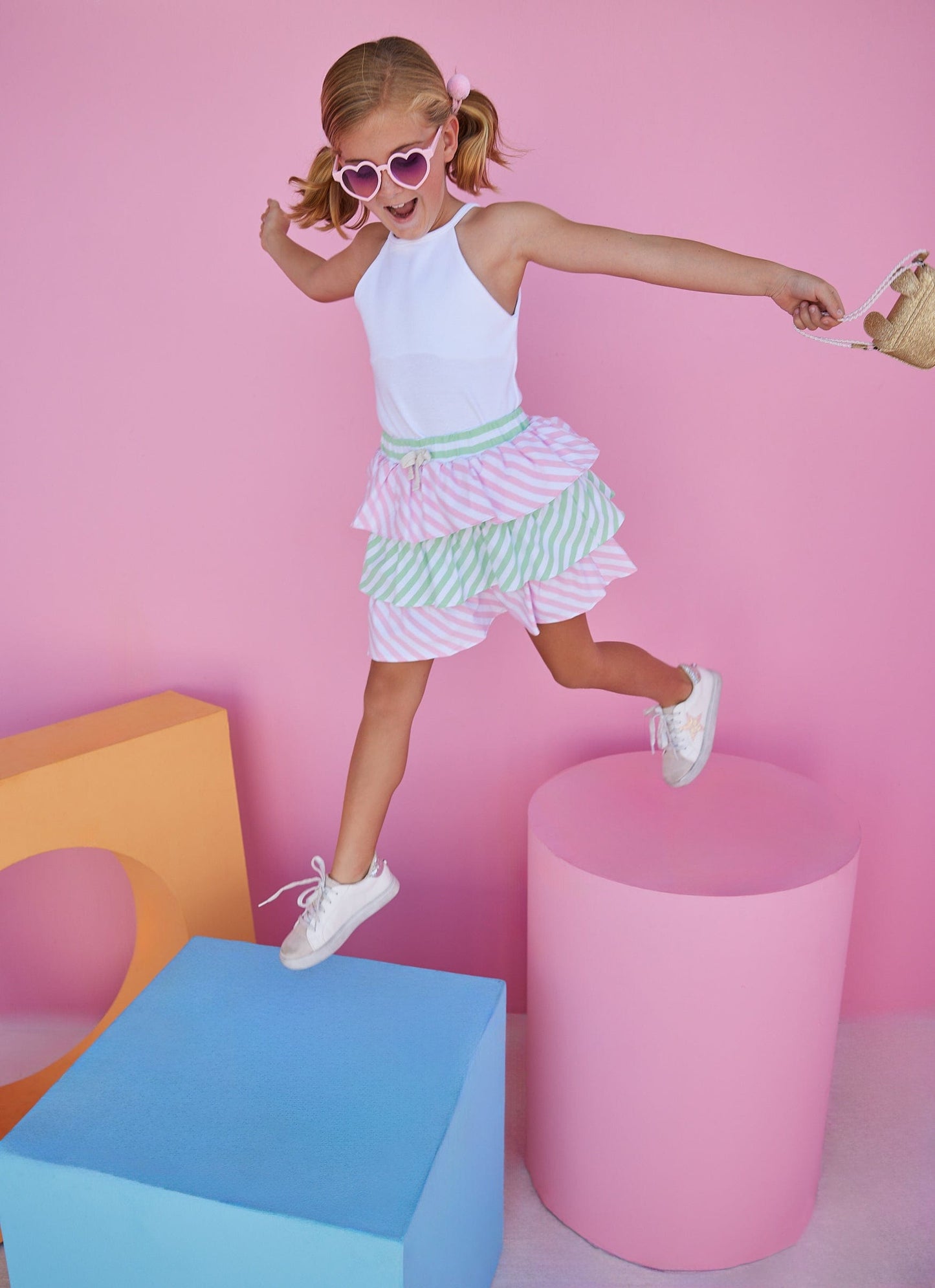 Tiered Mini Skort, Pink & Green Stripe