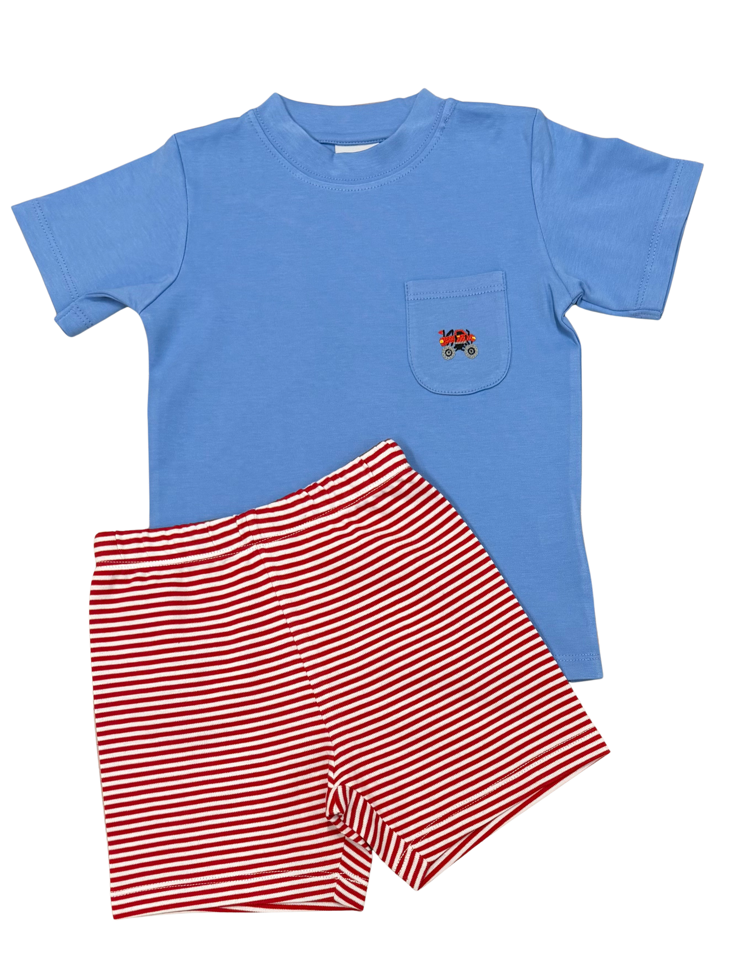 Blue Pocket Tee & Red Stripe Short Set, Monster Truck