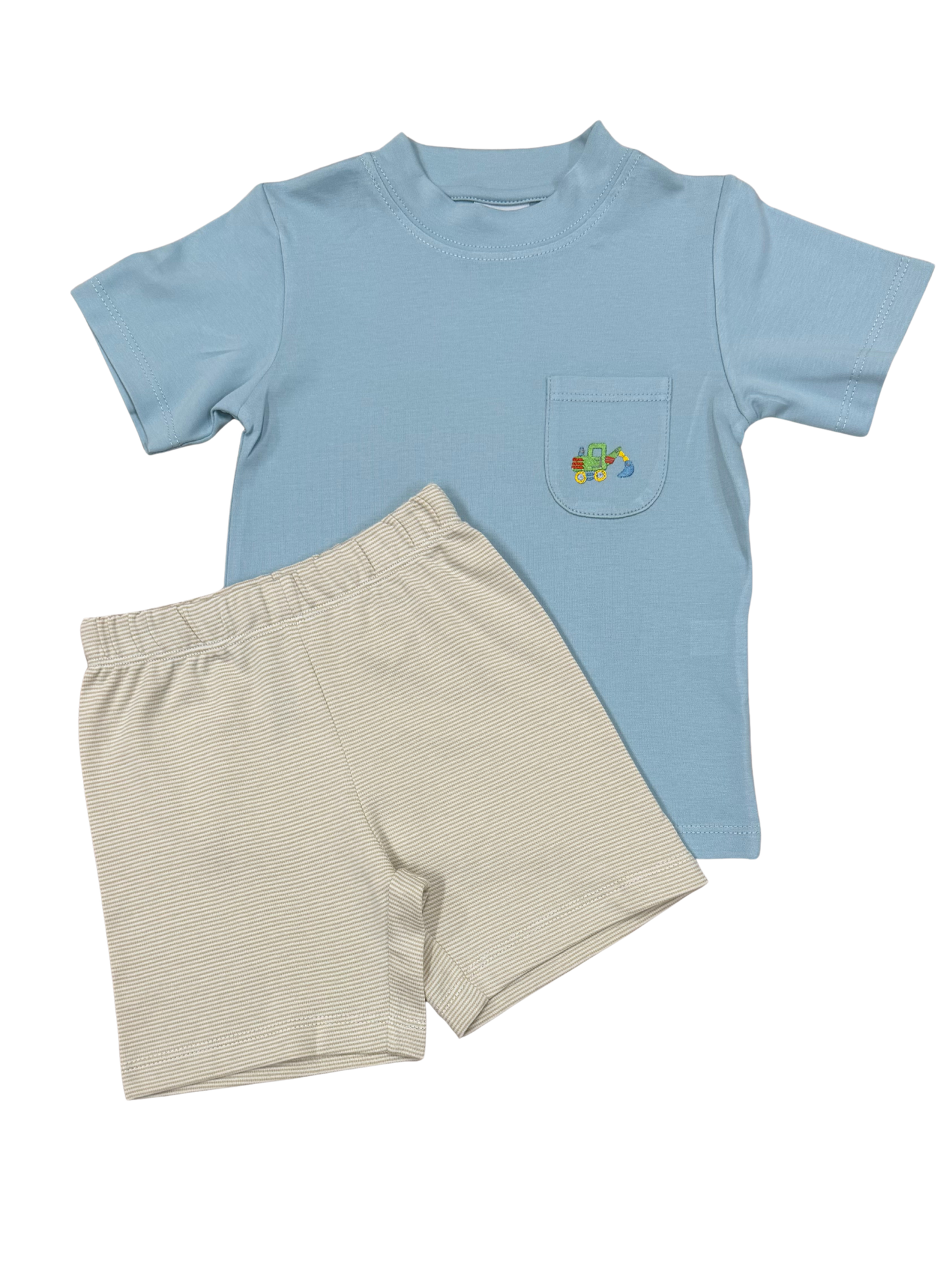 Robins Egg Pocket Tee & Tan Ministripe Short Set, Digger