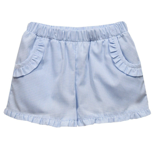 Ruffle Pocket Gingham Shorts, Light Blue