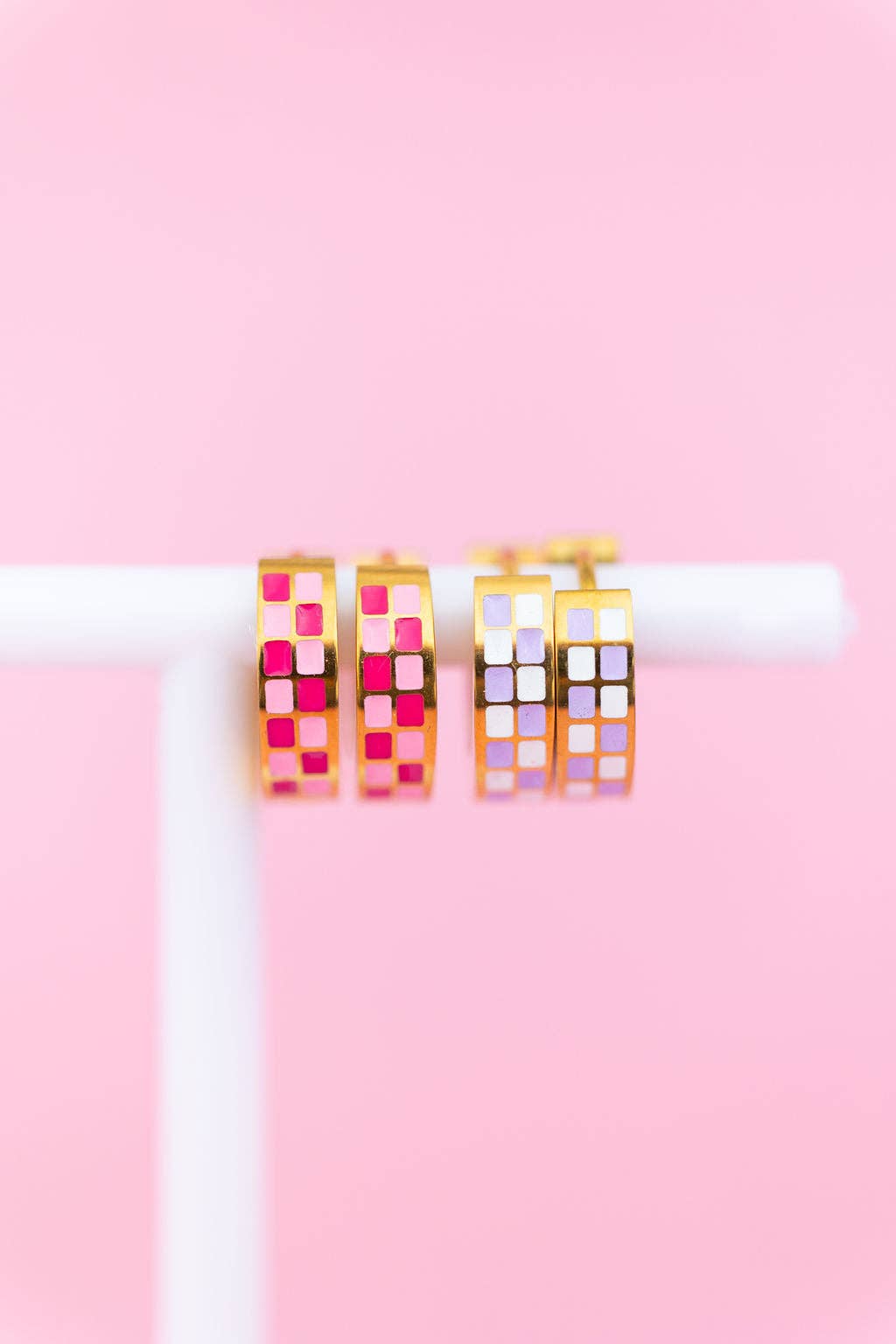 Pink Checkered Chunky Huggie Hoops