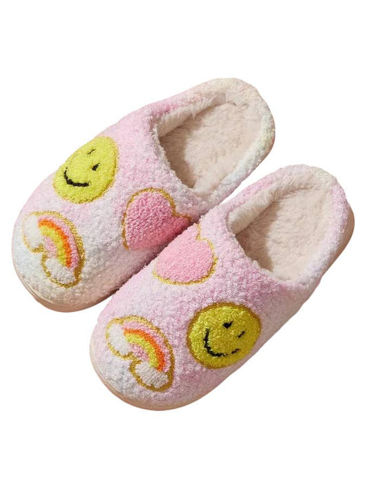 Fuzzy Rainbow Smiley Face Slippers