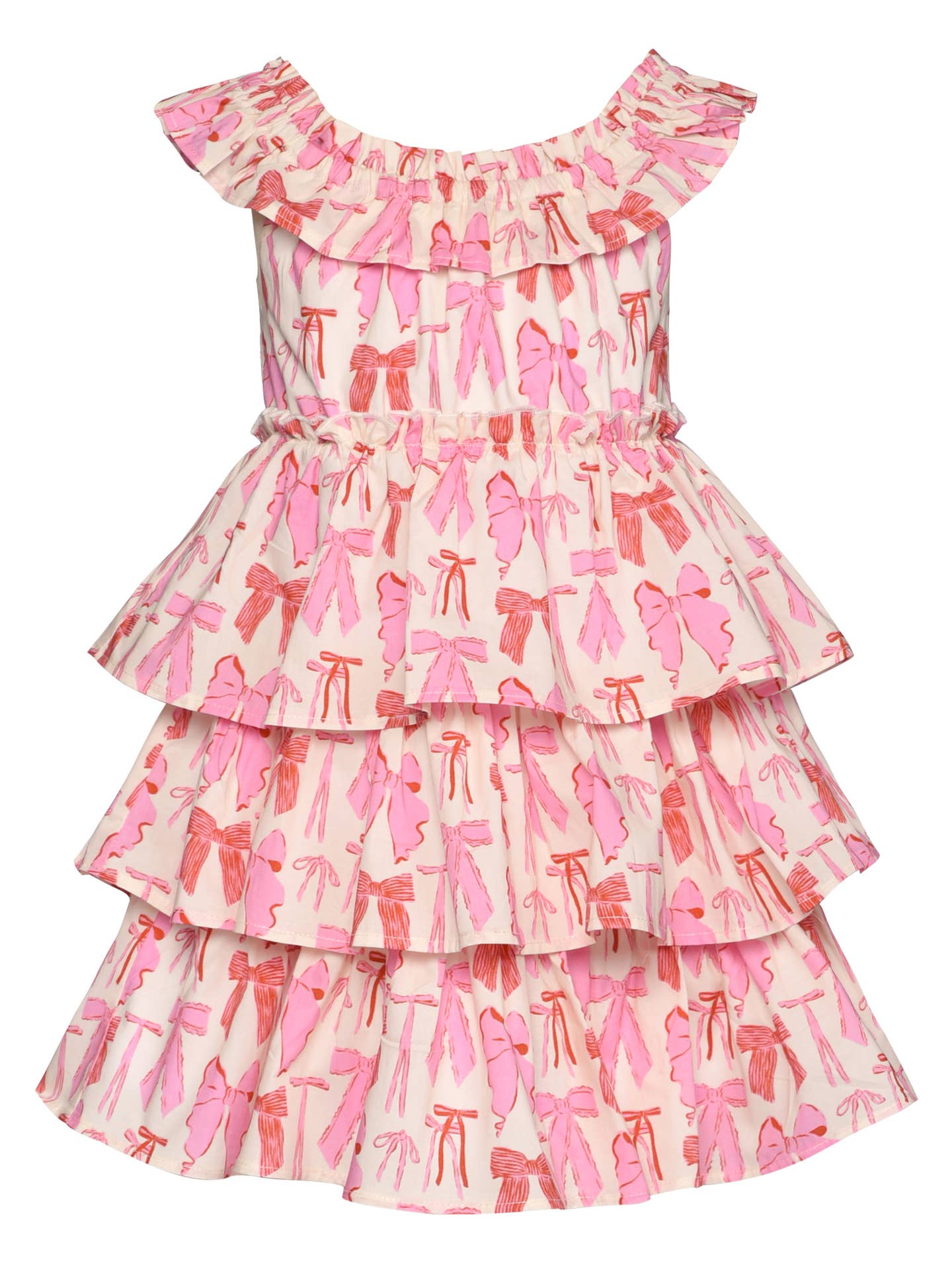 Bow Print Tiered Dress, Ivory Multi