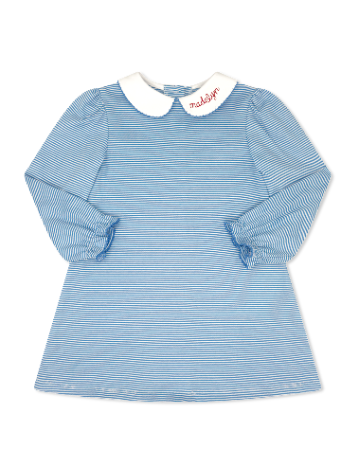 Caroline Dress, Blue Ministripe with Picot Trim