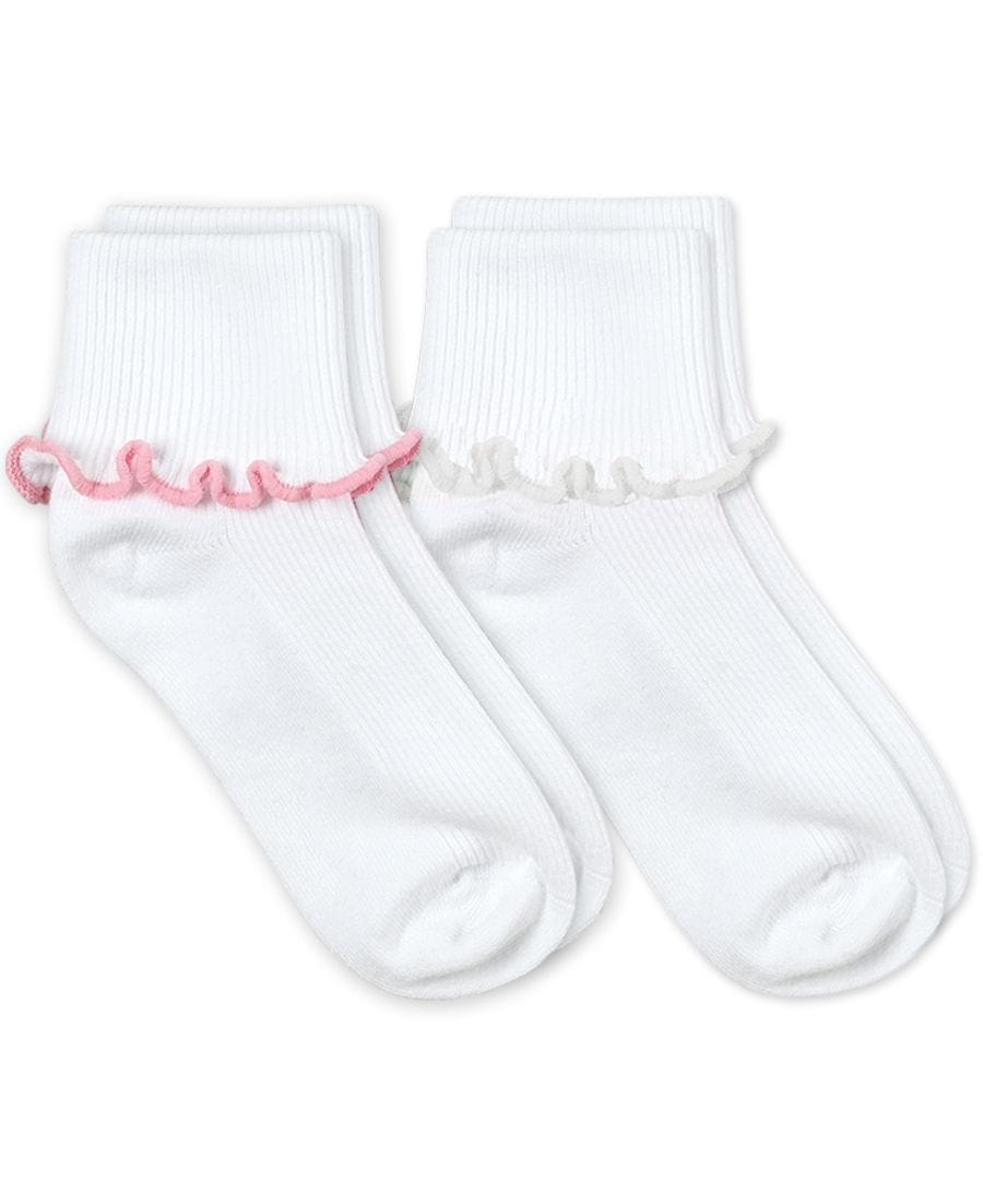 White Turn Cuff Socks With Ruffle Trim- 2 Pk. (White with Pink)