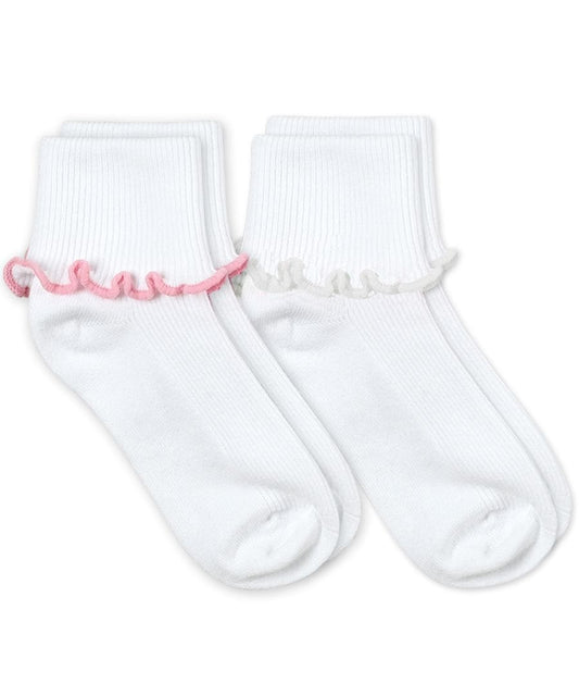 White Turn Cuff Socks With Ruffle Trim- 2 Pk. (White with Pink)