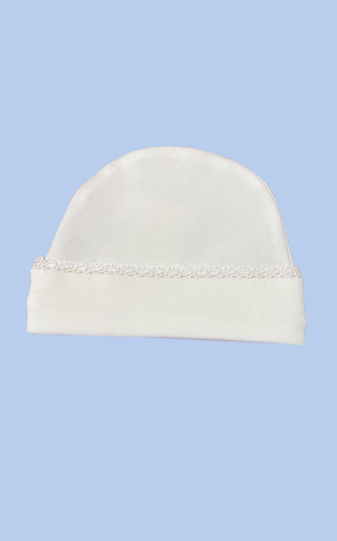 White Newborn Cap with White Crochet Trim by Squiggles