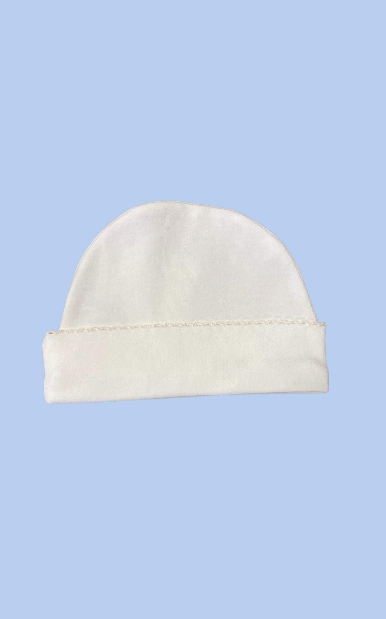 White Newborn Cap with Ecru Picot Trim by Squiggles