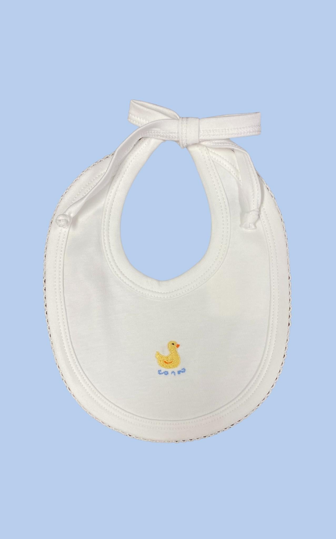 White Cotton Bib with Duck and White Picot Trim