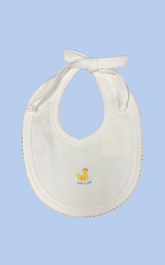 White Cotton Bib with Duck and White Picot Trim