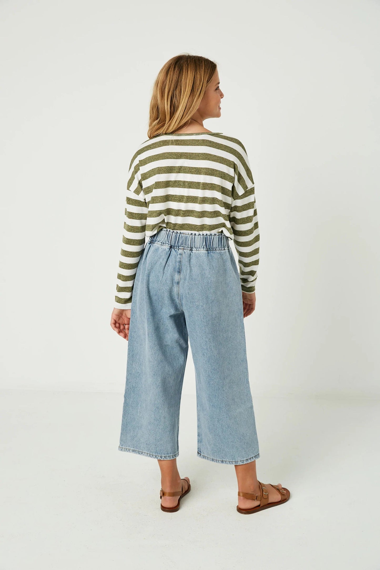 Drop Shoulder Stripe Knit Top, Olive Green