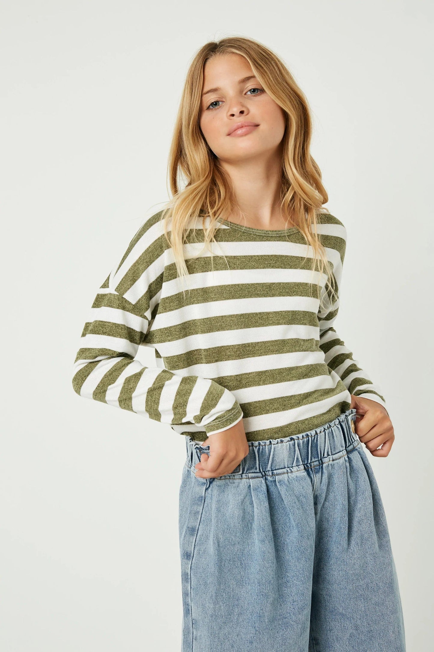 Drop Shoulder Stripe Knit Top, Olive Green