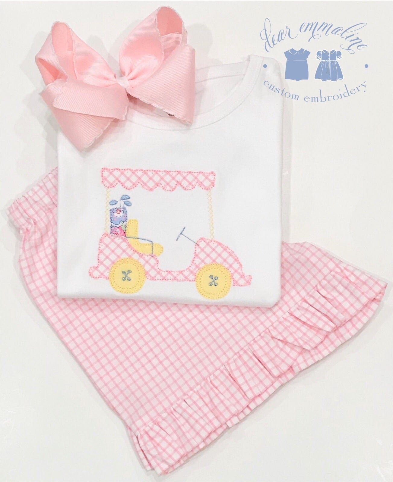 Girls Pink Windowpane Golf Cart Applique Shirt