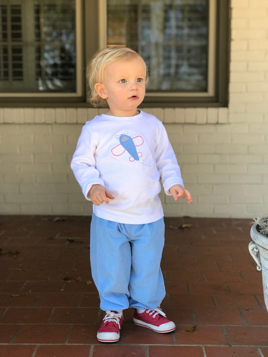 Cornflower Blue Corduroy Airplane Applique Shirt