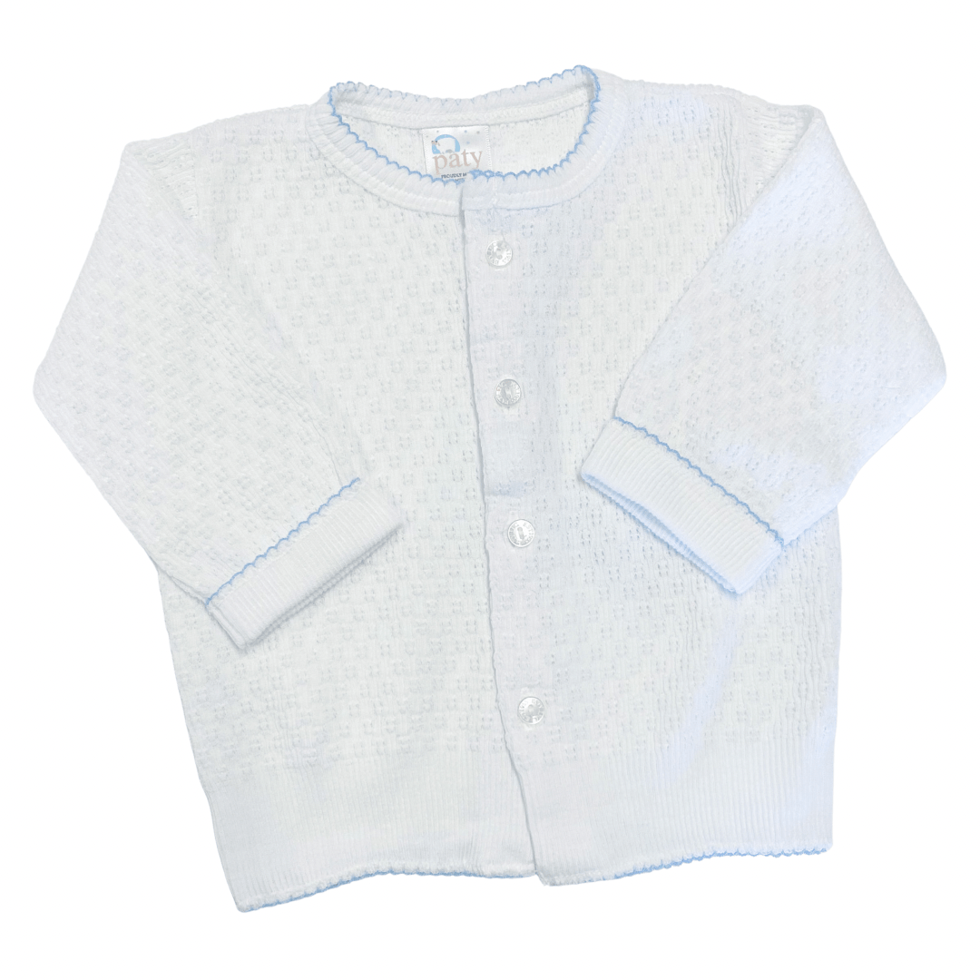 White Cuffed Sweater with Blue Trim by Paty