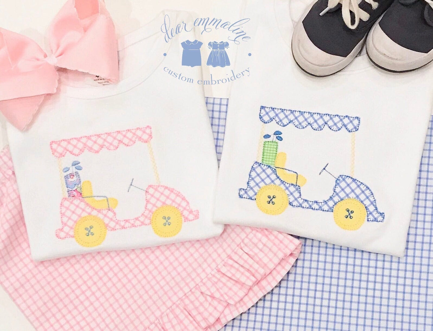 Girls Pink Windowpane Golf Cart Applique Shirt