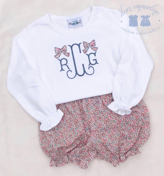 Girls Monogram with Liberty Applique Bows Shirt