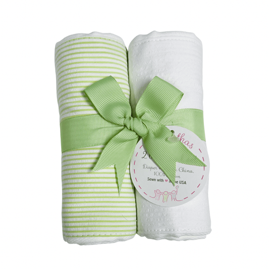 Set of 2 Burp Cloths, Green & White Stripe