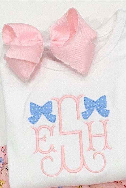 Spring Girls Monogram with Applique Bows Shirt