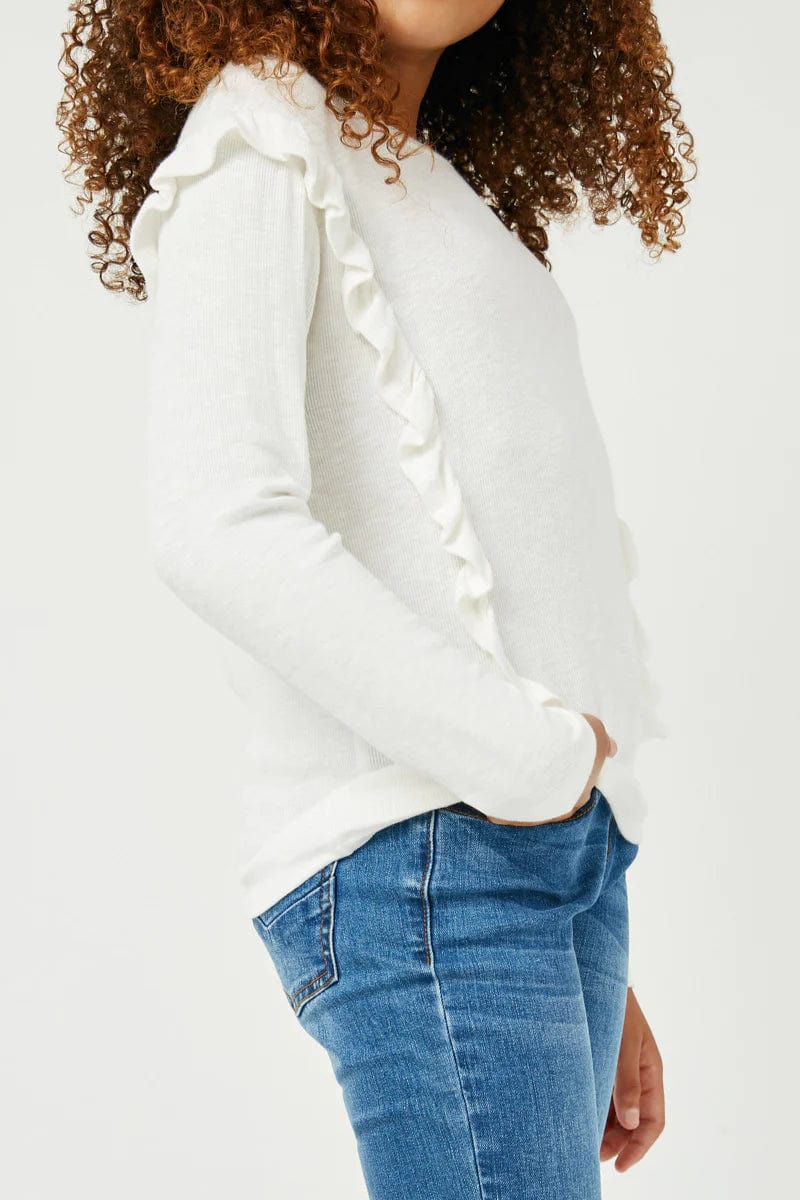 Girls Ruffled Drop Shoulder Marled Ribbed Knit Top by Hayden Girls