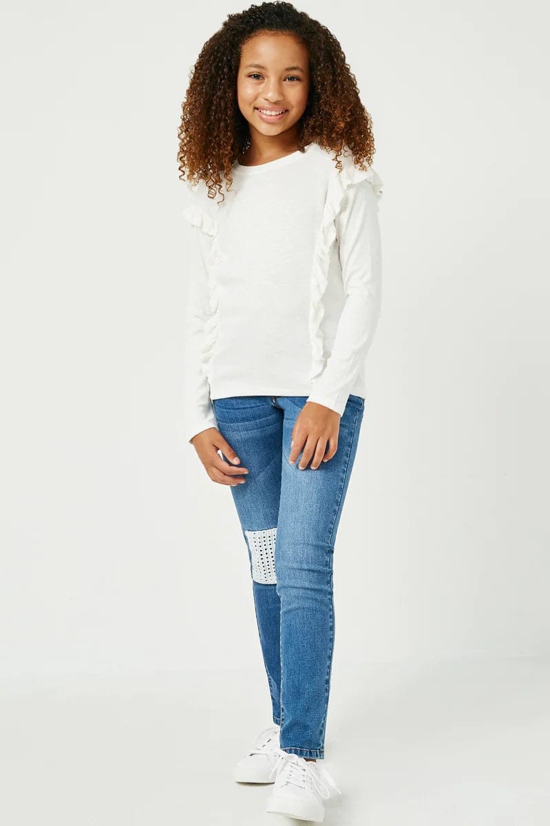 Girls Ruffled Drop Shoulder Marled Ribbed Knit Top by Hayden Girls