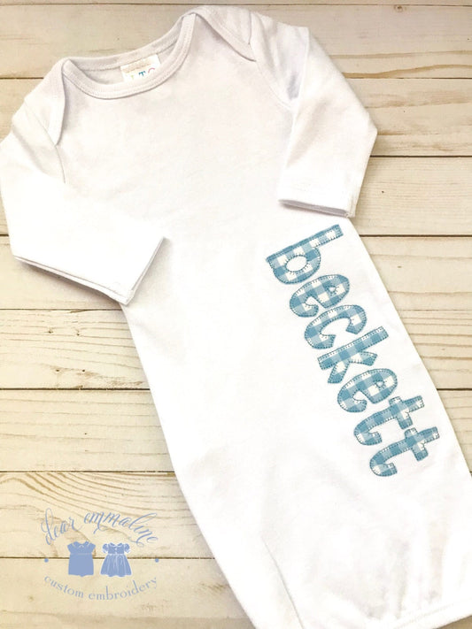 Blanket Stitch Applique Name Newborn Gown