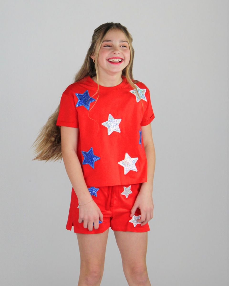 White and Blue Sequin Stars Shorts