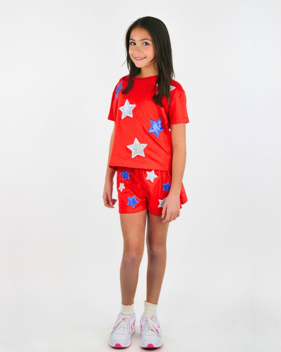 White and Blue Sequin Stars Shorts