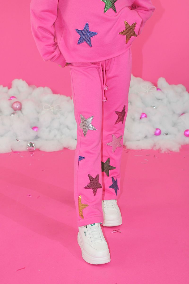Sequins Stars Applique Pants - Carmine Rose