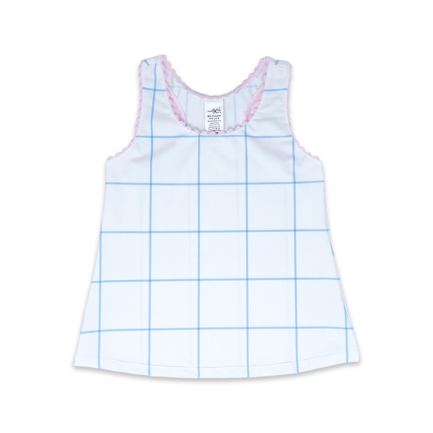 Riley Tank, Blue Windowpane, Pink Ric Rac