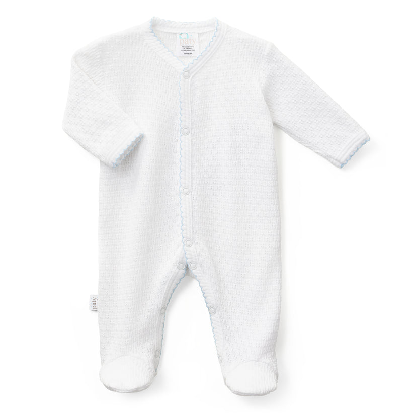 PatyKnit White Footie with Blue Trim