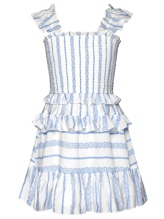 Smocked Blue Stripe Dress with Ruffles