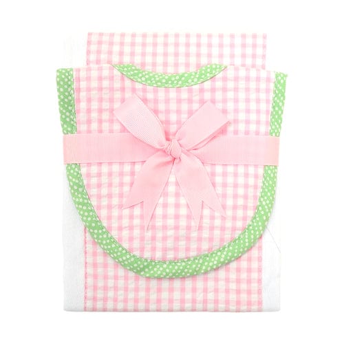 Pink & Green Gingham Bib & Burp Cloth Set