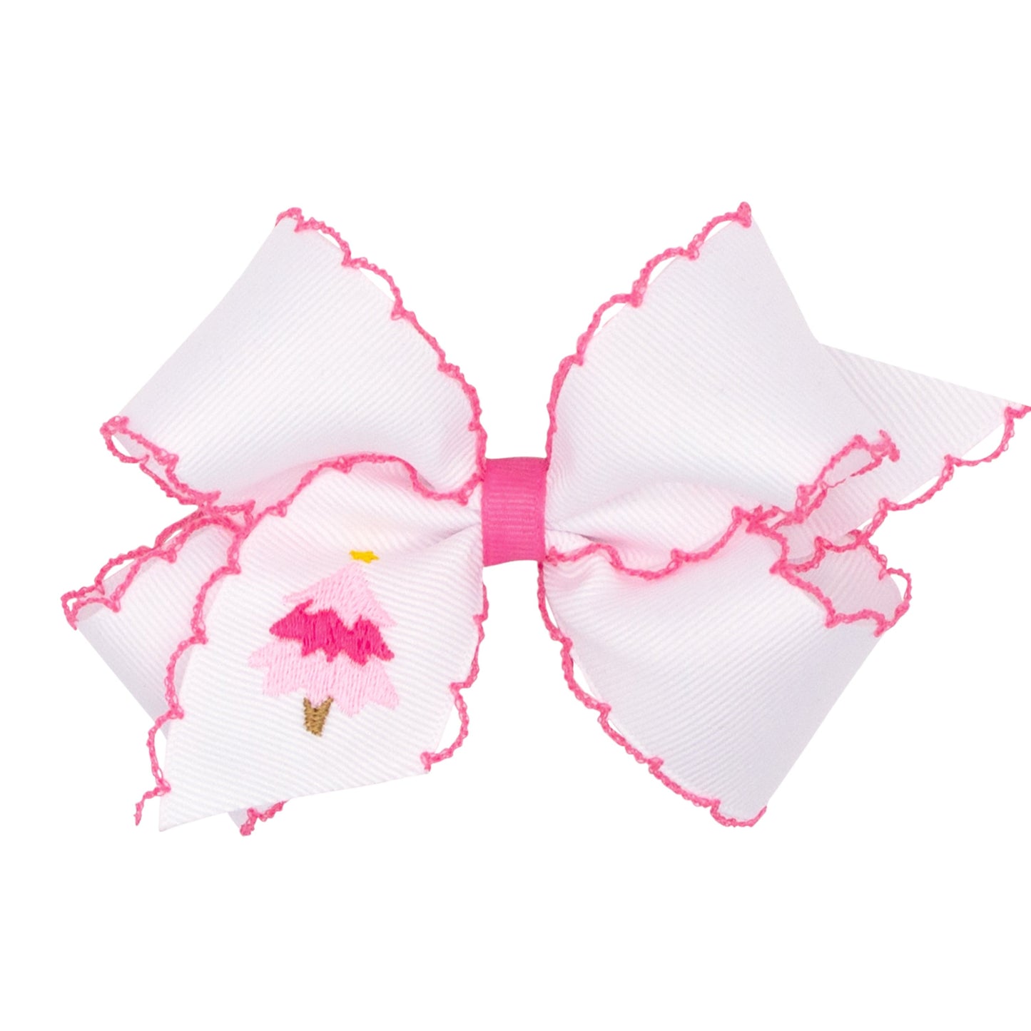 White with Pink Christmas Tree Moonstitch Bow (Multiple Sizes)