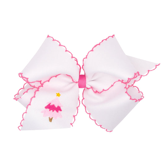 White with Pink Christmas Tree Moonstitch Bow (Multiple Sizes)