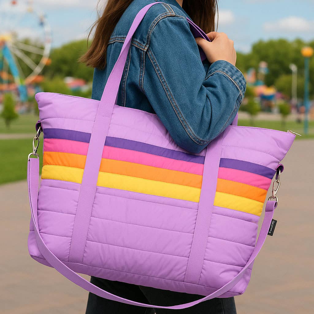 Purple Puffer Tote Bag Retro Stripe